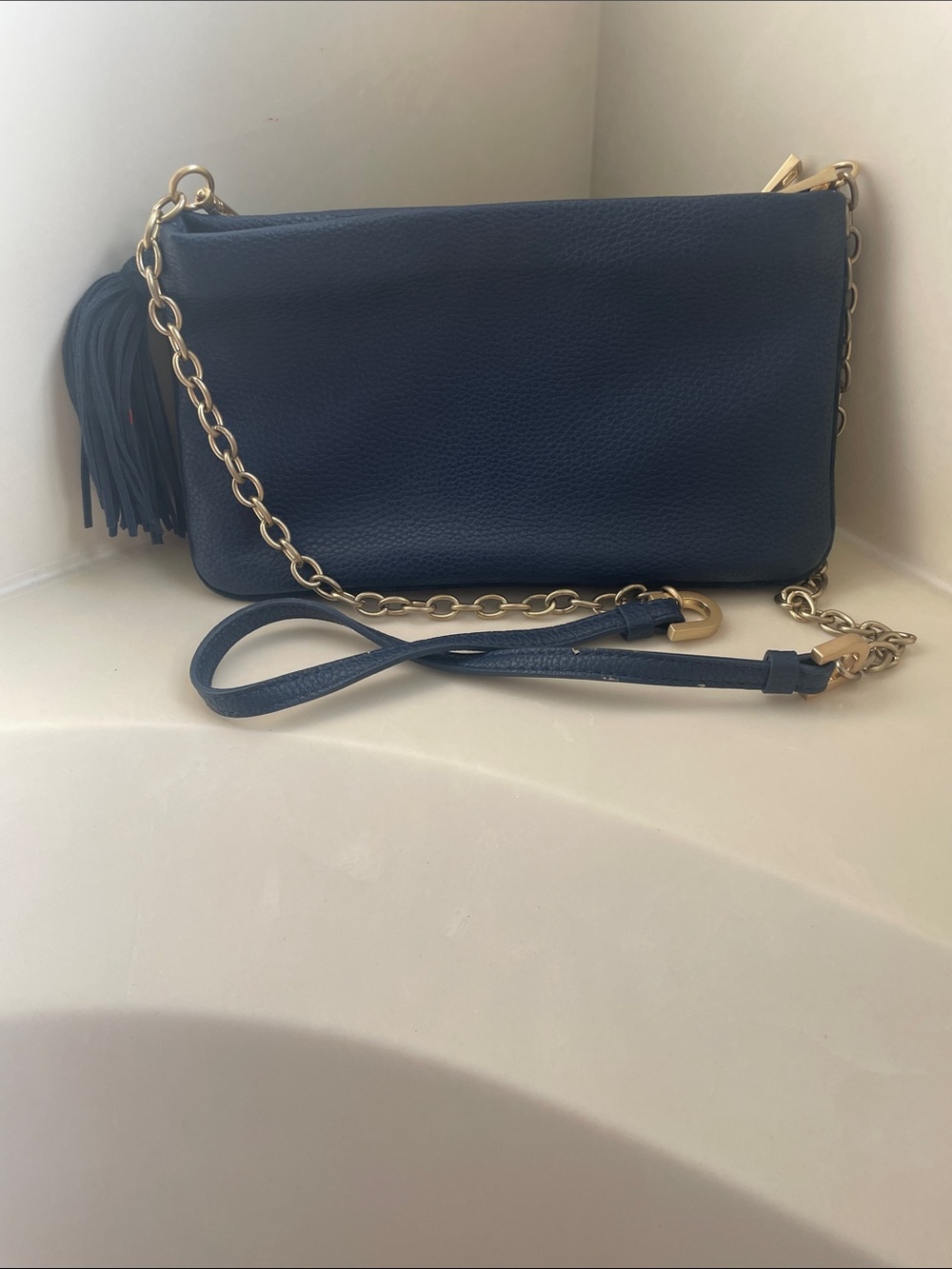 Navy Leather Crossbody Bag with Gold Chain Strap
